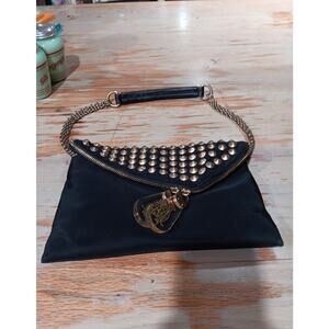 Christian Audigier Bitsey Envelope Clutch Purse Black Gold Studded Dust Cover